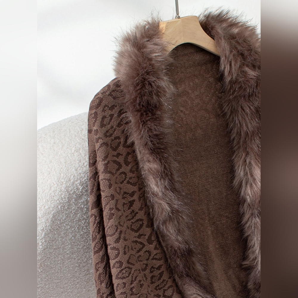 Plush Faux Fur Leopard Retro Fringe Boho Oversized Poncho Knit Cardigan Jacket - Picture 5 of 15